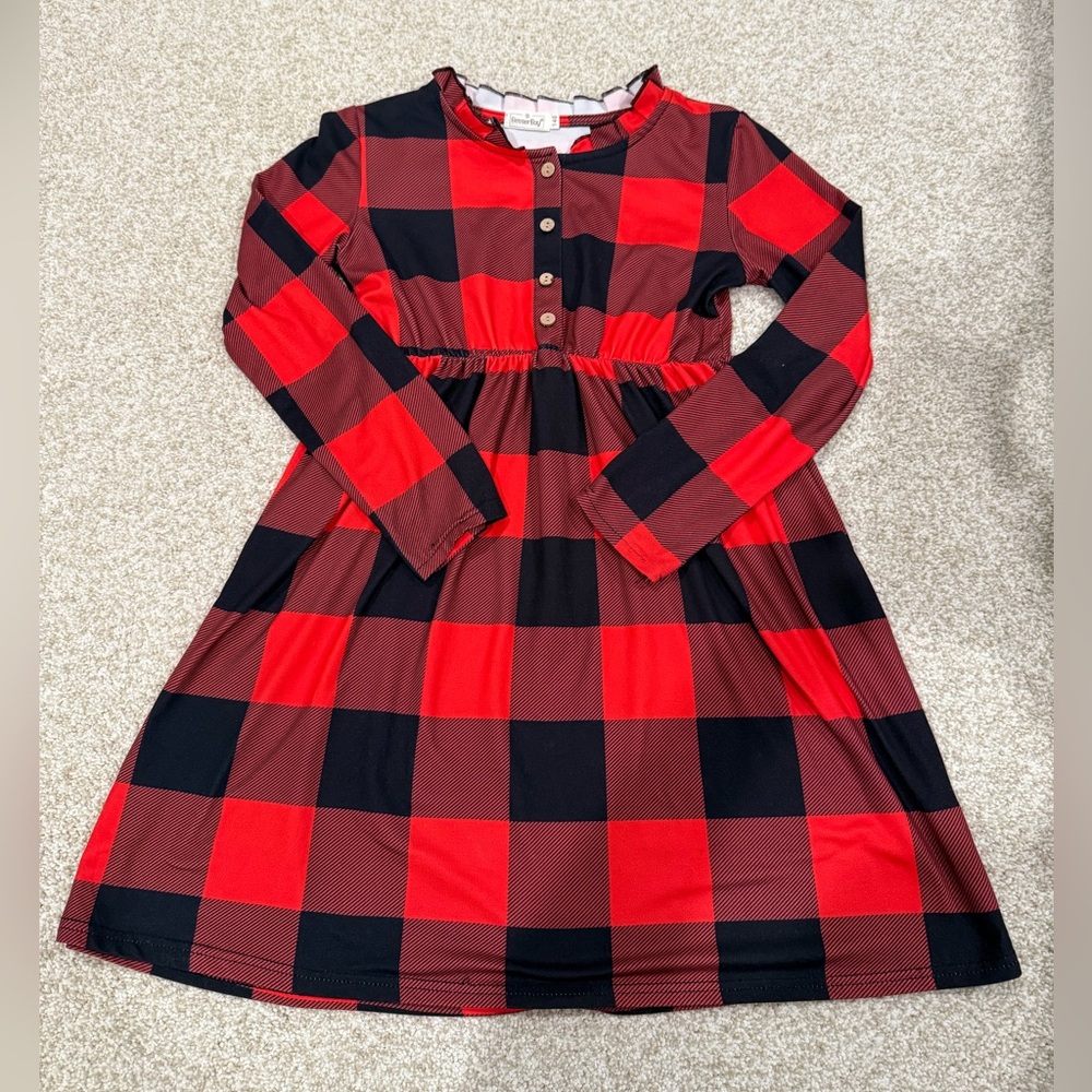 Red and Black Plaid Print Long Sleeve Dress